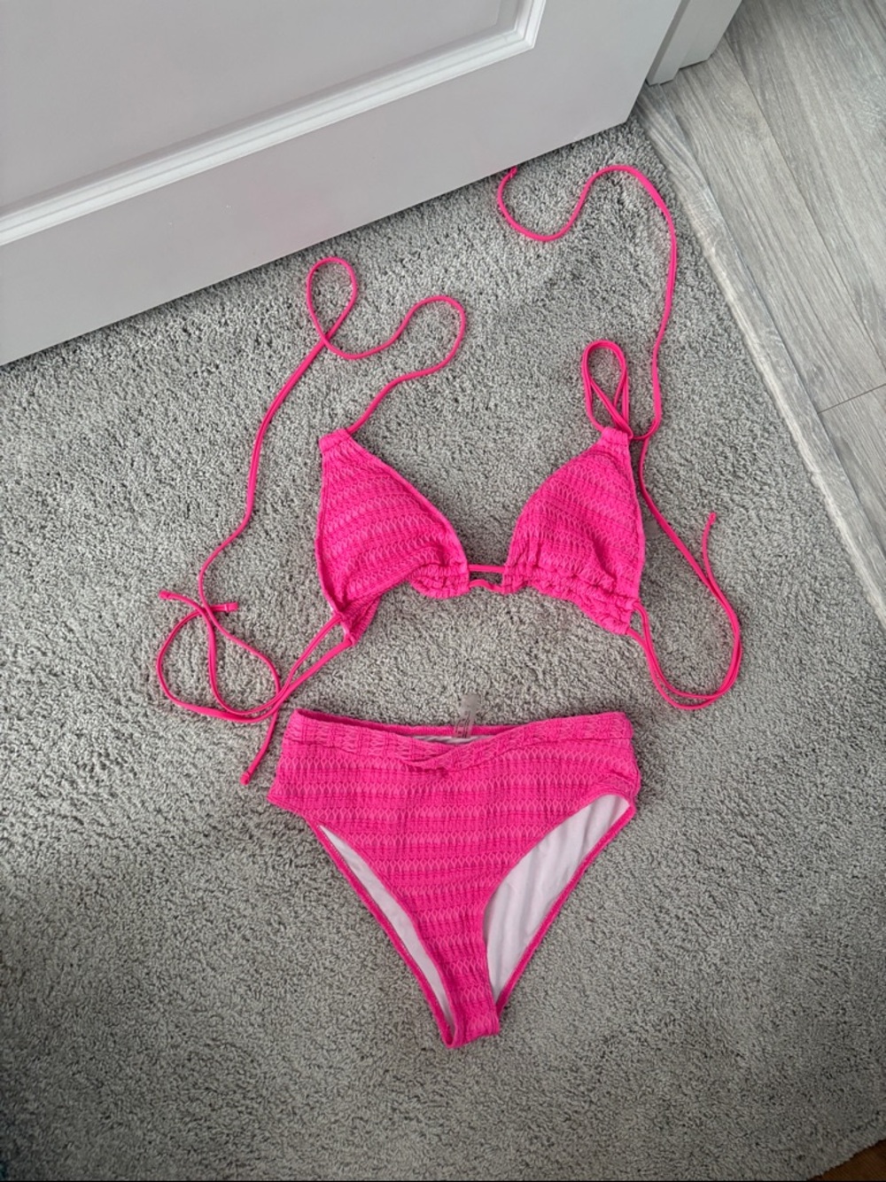 SHEIN Hot Pink Crochet Triangle Bikini Set